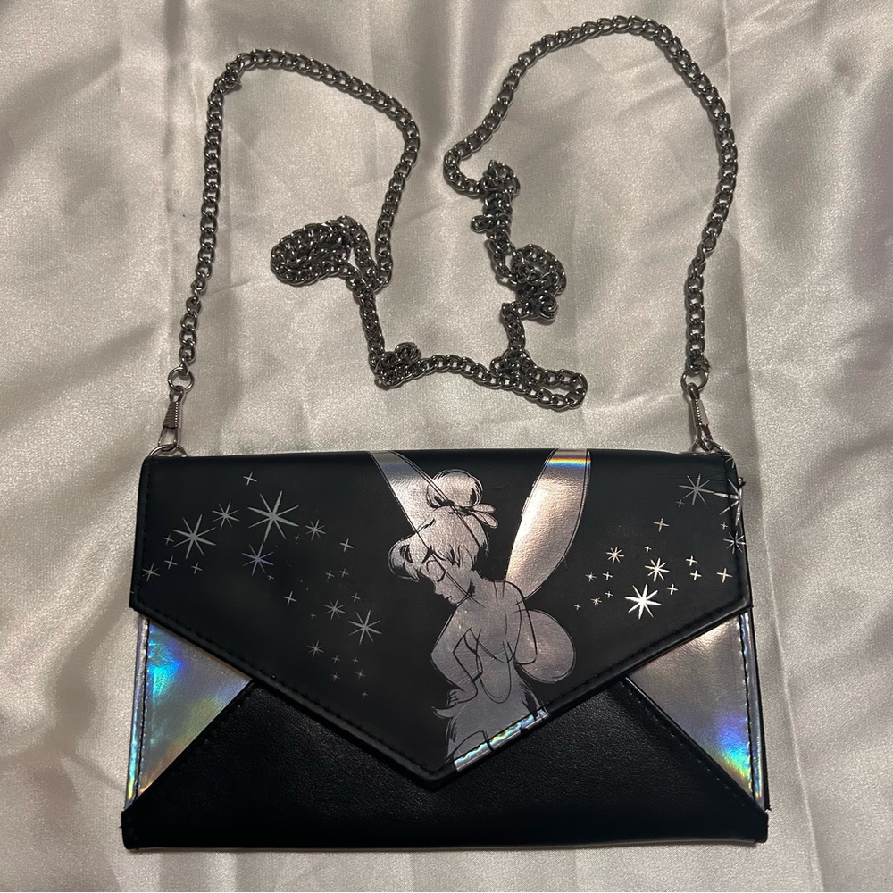TINKERBELL POSE ENVELOPE CHAIN CLUTCH WALLET BLACK SILVER STRAP
